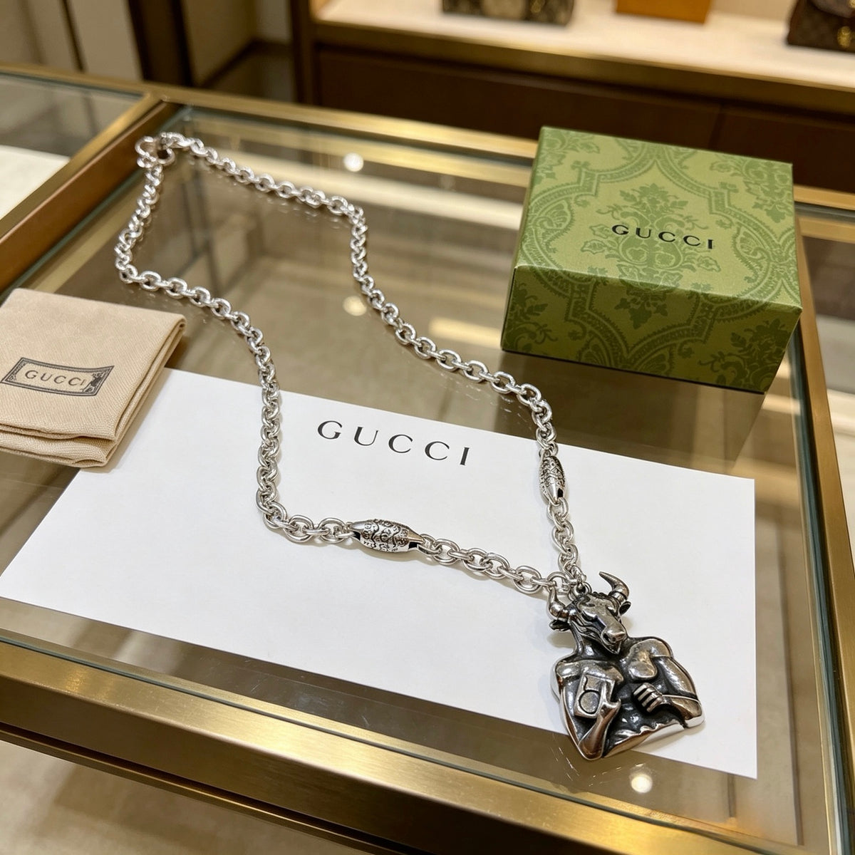 Double-G Emblem Pendant Necklace in Polished Metal-Tone – Vintage Detail – Design 076 front product view