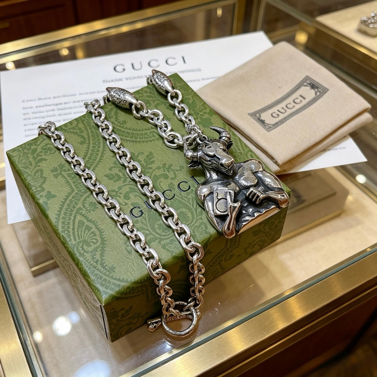 Double-G Emblem Pendant Necklace in Polished Metal-Tone – Vintage Detail – Design 076 styled product view