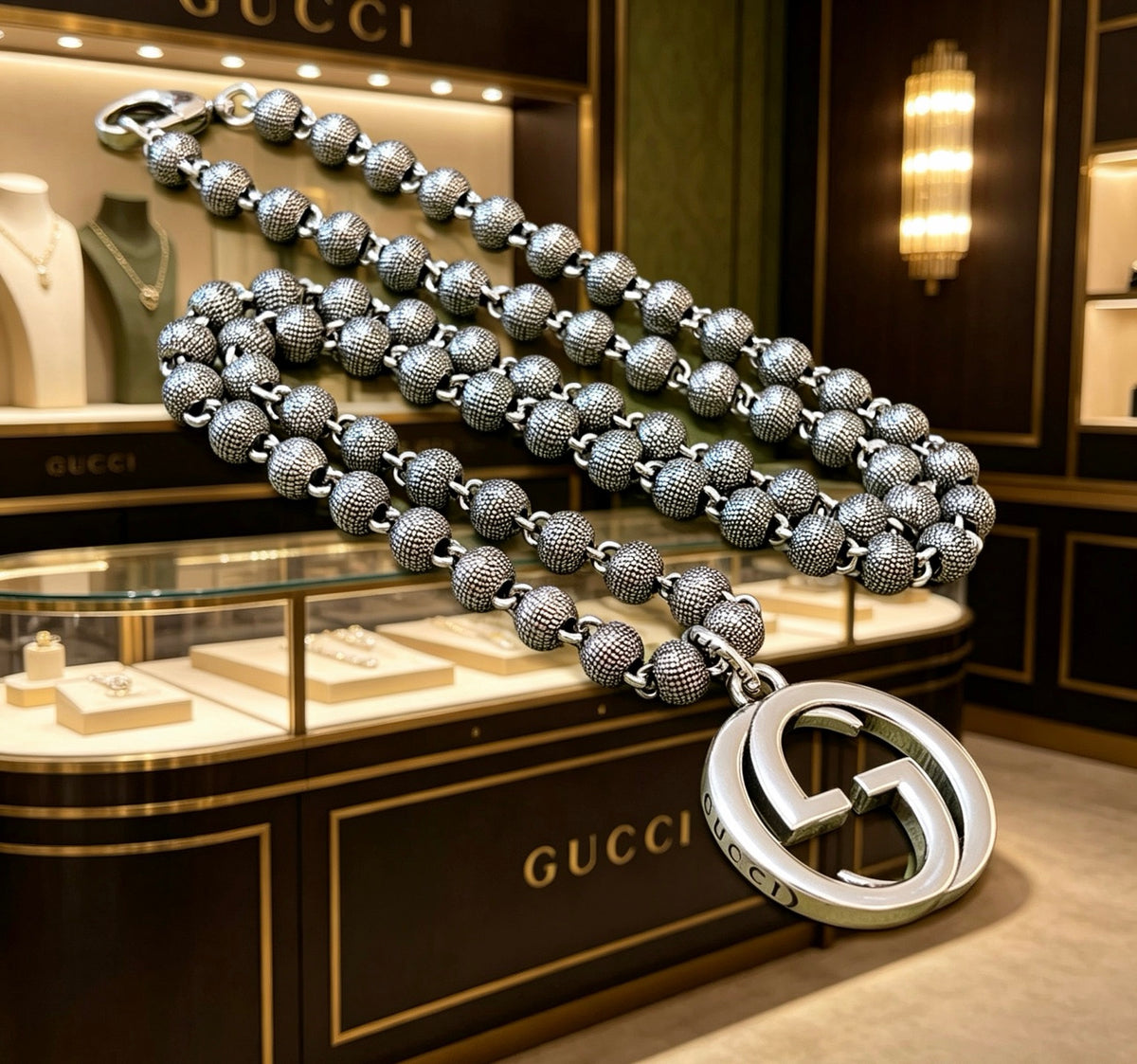 Double-G Emblem Pendant Necklace in Polished Metal-Tone – Design 244 detail view