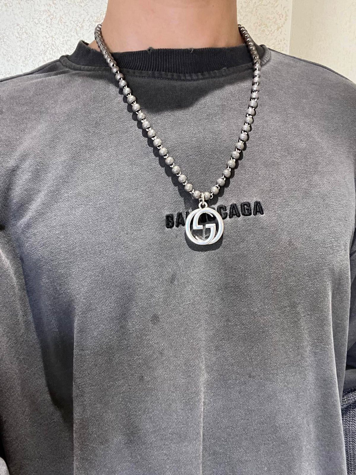 Double-G Emblem Pendant Necklace in Polished Metal-Tone – Design 244 side detail