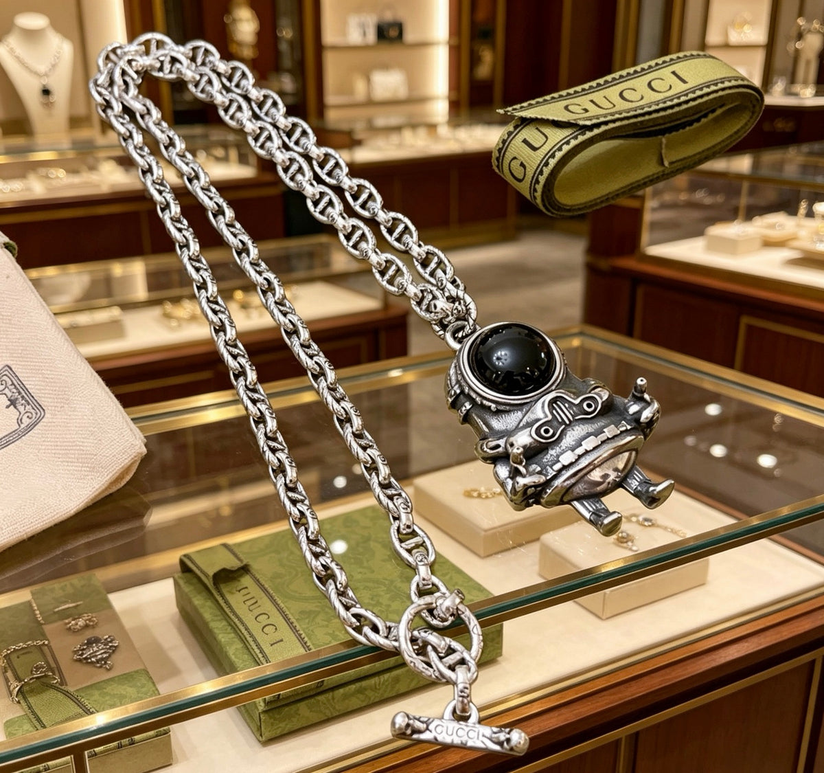 Double-G Emblem Pendant Necklace in Polished Metal-Tone – Design 243 front product view