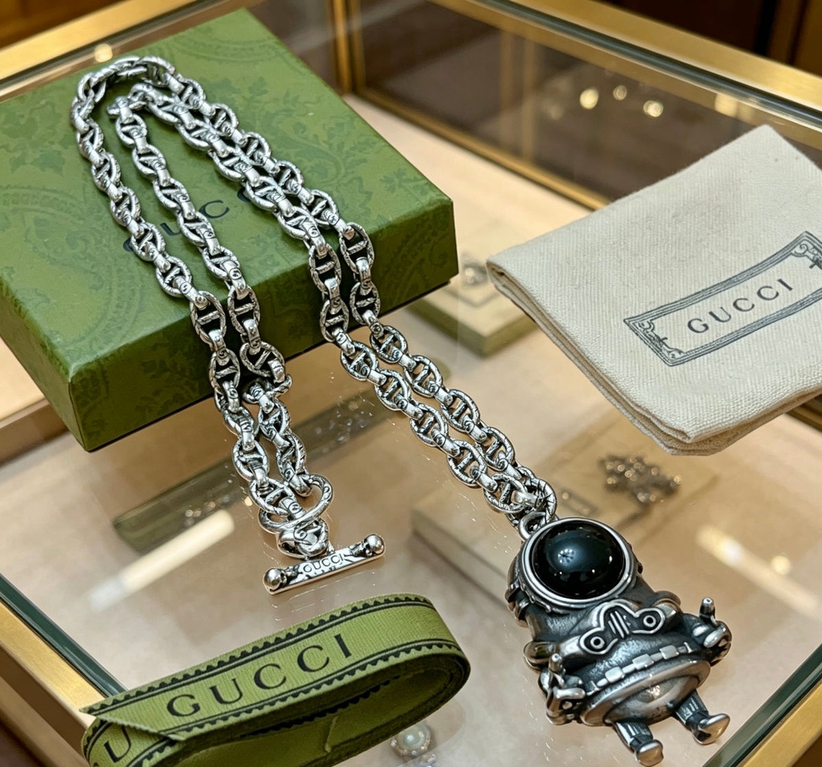 Double-G Emblem Pendant Necklace in Polished Metal-Tone – Design 257 styled product view