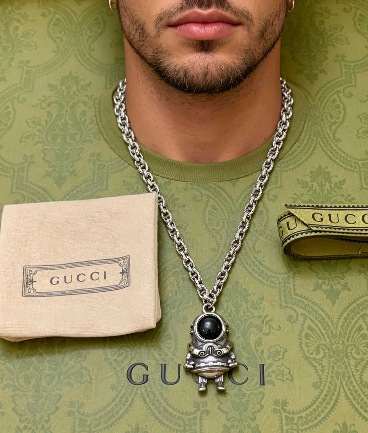 Double-G Emblem Pendant Necklace in Polished Metal-Tone – Design 257 side detail