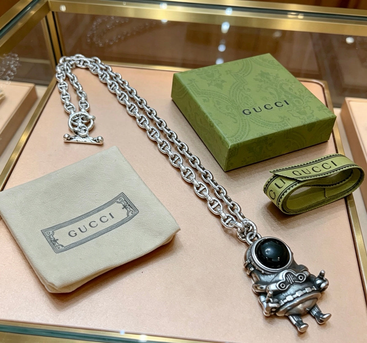 Double-G Emblem Pendant Necklace in Polished Metal-Tone – Design 243 front product view
