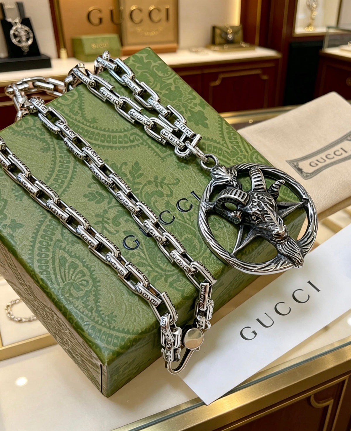 Double-G Emblem Pendant Necklace in Silver-Tone – Vintage Detail – Design 056 front product view