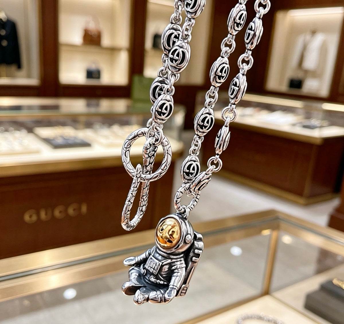 Double-G Emblem Pendant Necklace in Polished Metal-Tone – Vintage Detail – Design 075 front product view