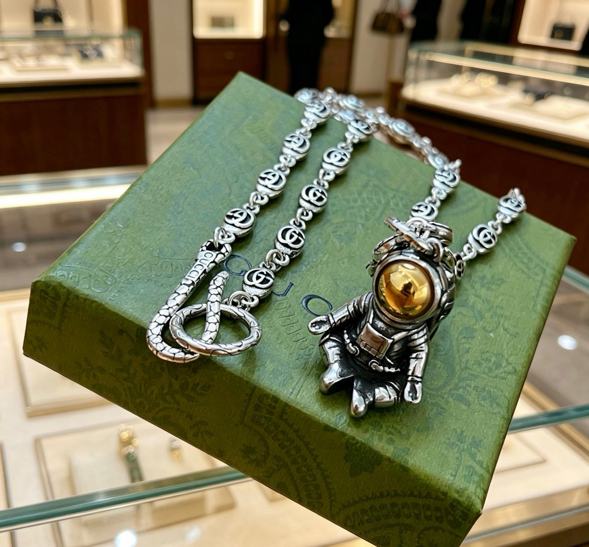 Double-G Emblem Pendant Necklace in Polished Metal-Tone – Vintage Detail – Design 075 styled product view