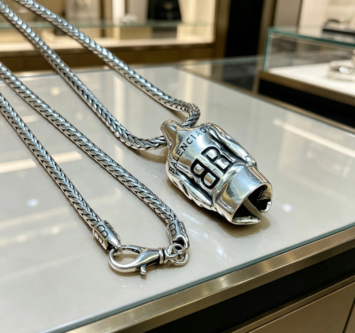 Geometric Emblem Pendant Necklace in Polished Metal-Tone – Vintage Detail – Design 081 detail view