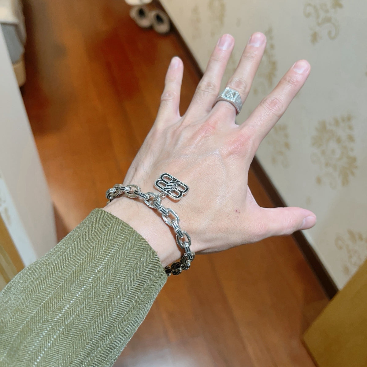 Geometric Emblem Bracelet in Polished Metal-Tone – Design 072 detail view