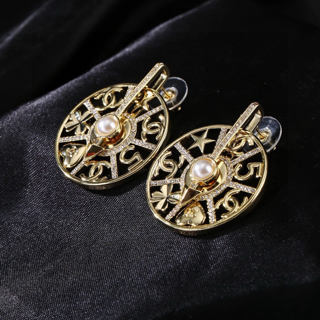 Signature Emblem Statement Earrings in Polished Metal-Tone – Design 025 close-up detail