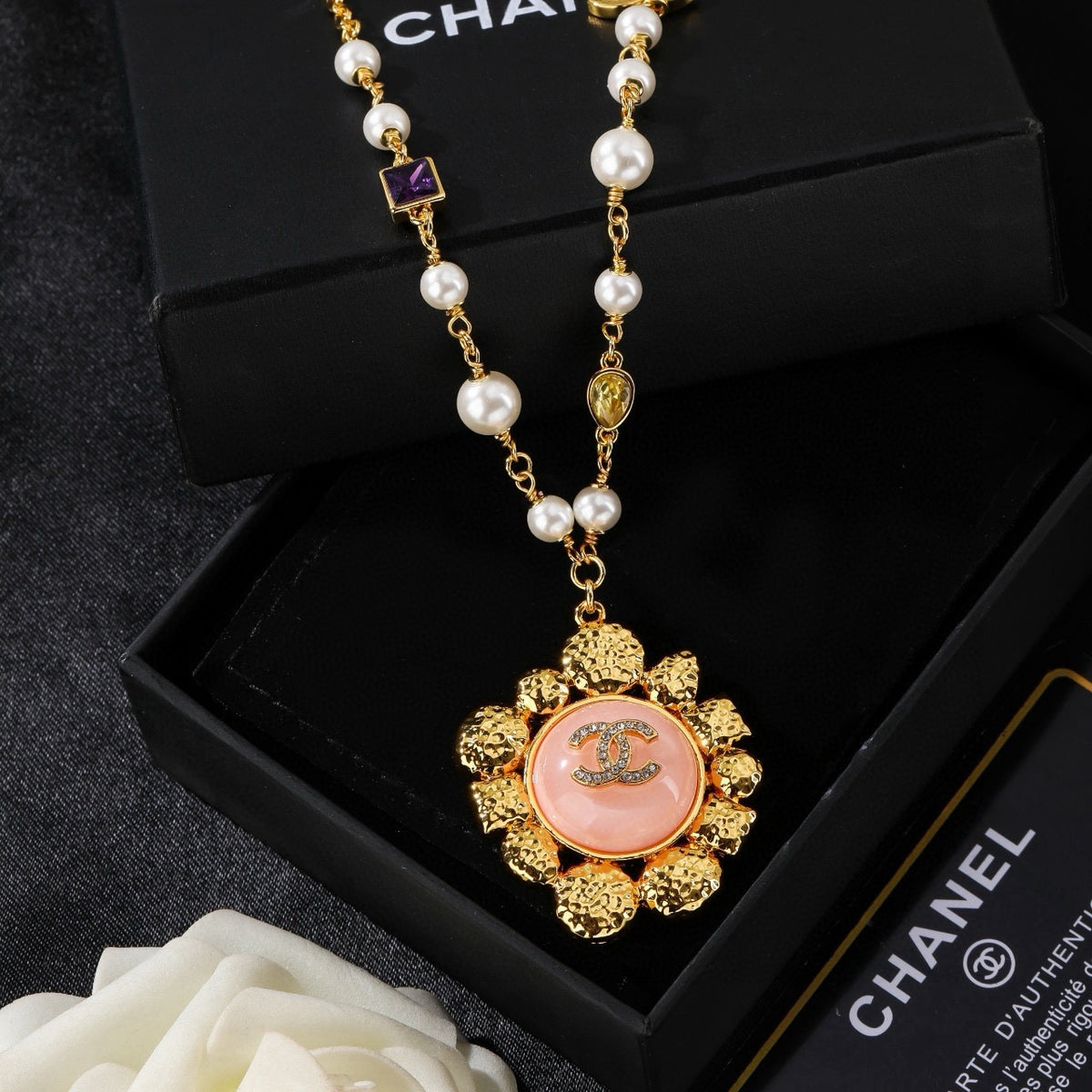 Double-C Emblem Pendant Necklace in Gold-Tone – Design 005 detail view