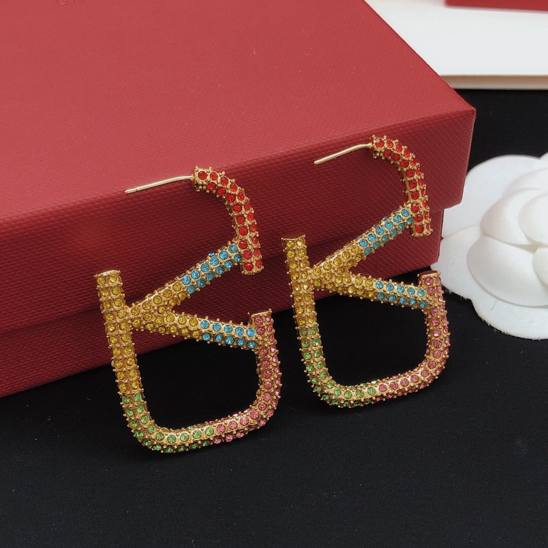 V Emblem Crystal-Accent Statement Earrings – Design 02 main product view