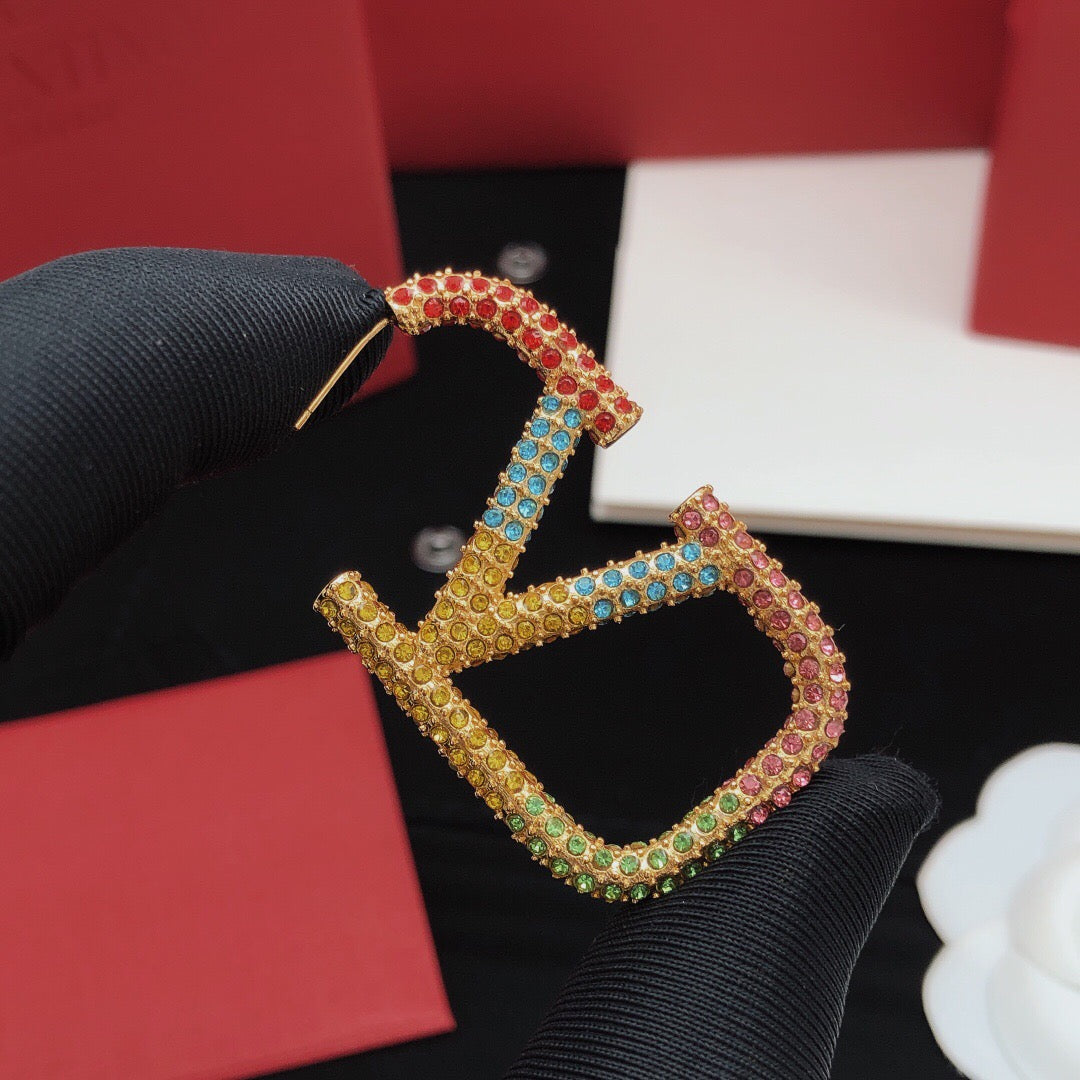 V Emblem Crystal-Accent Statement Earrings – Design 02 detail view