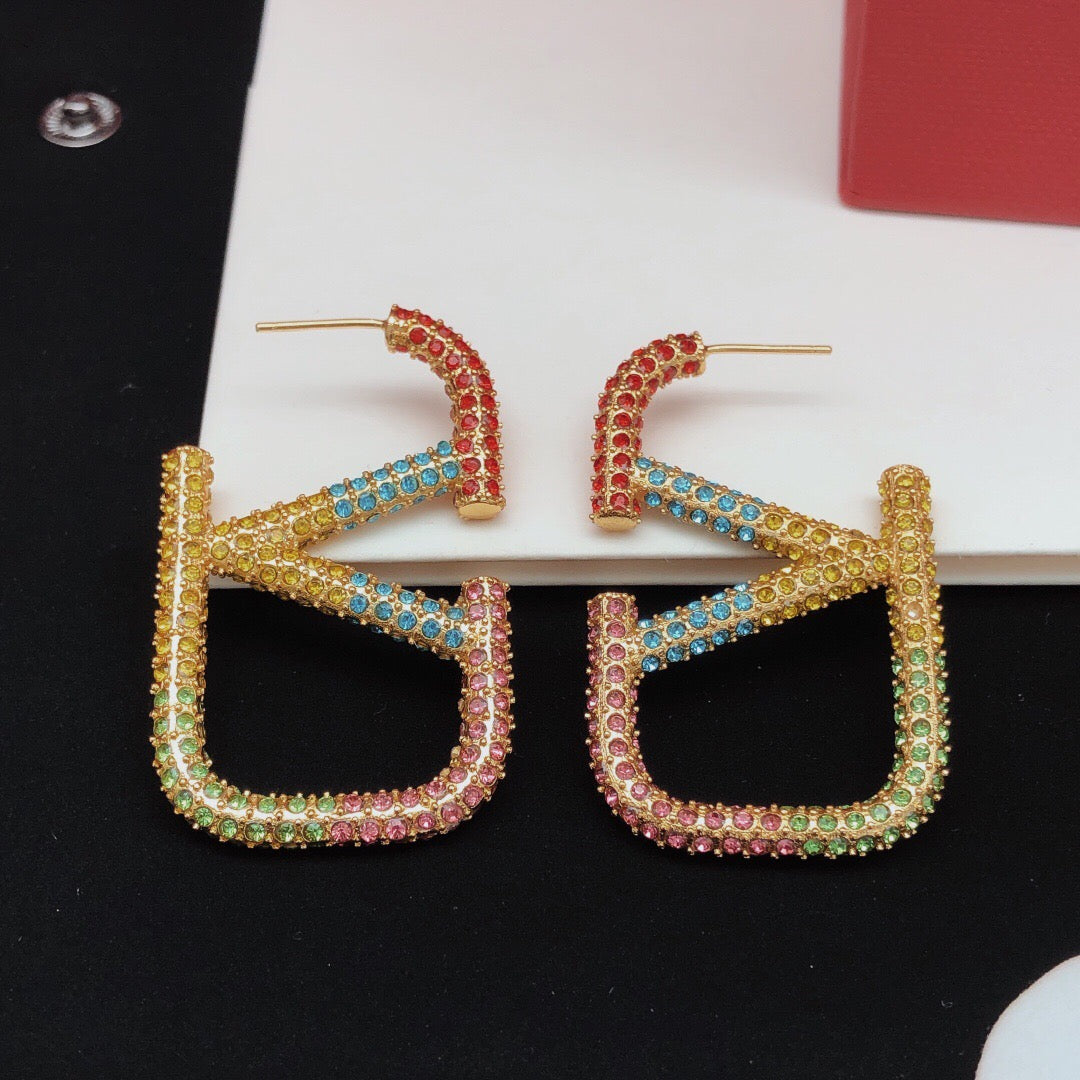 V Emblem Crystal-Accent Statement Earrings – Design 02 detail view