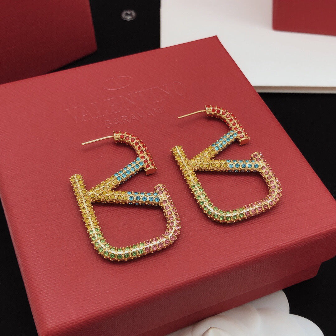 V Emblem Crystal-Accent Statement Earrings – Design 01 front view