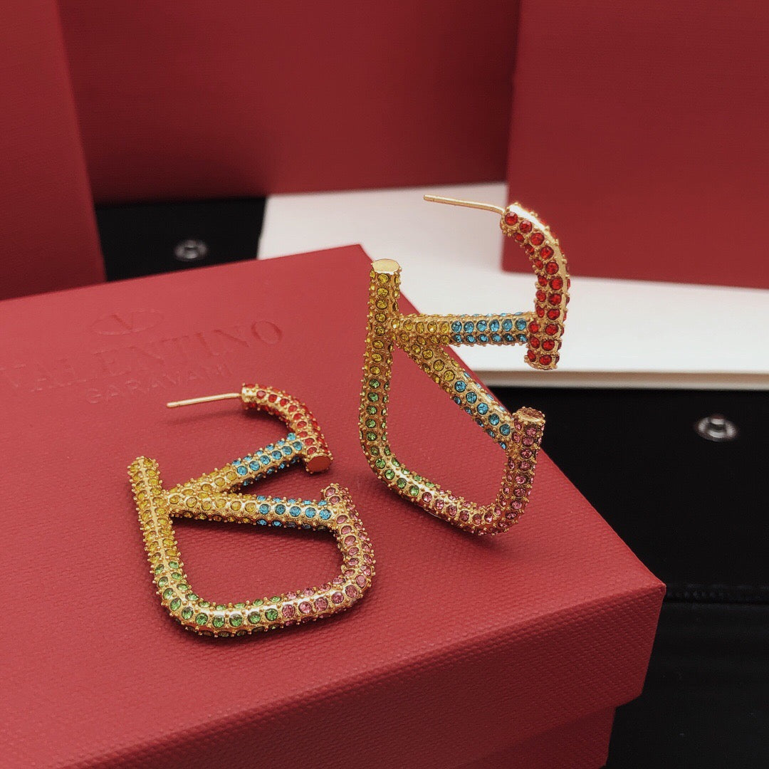 V Emblem Crystal-Accent Statement Earrings – Design 01 close-up view