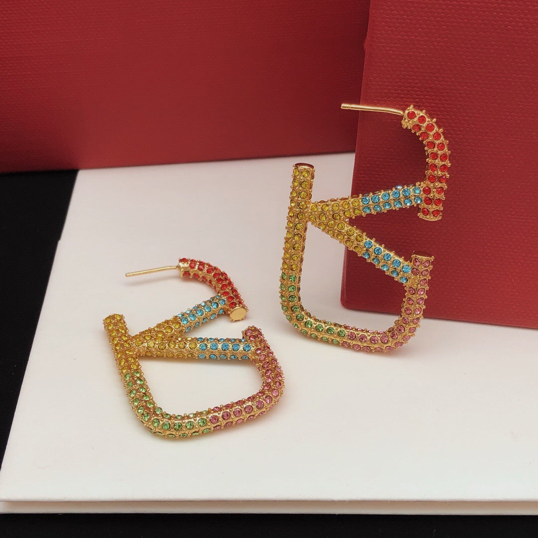 V Emblem Crystal-Accent Statement Earrings – Design 01 side detail