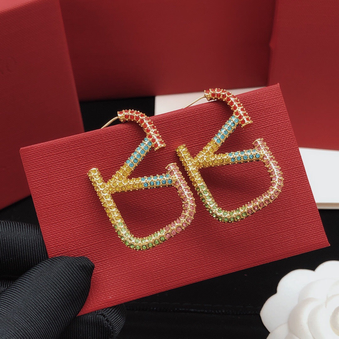V Emblem Crystal-Accent Statement Earrings – Design 01 front view