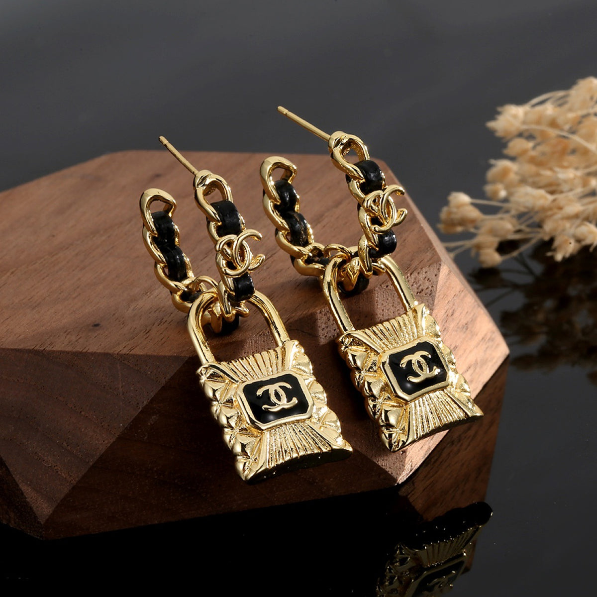 Double-C Emblem Stud Earrings in Gold-Tone – Design 009 close-up detail