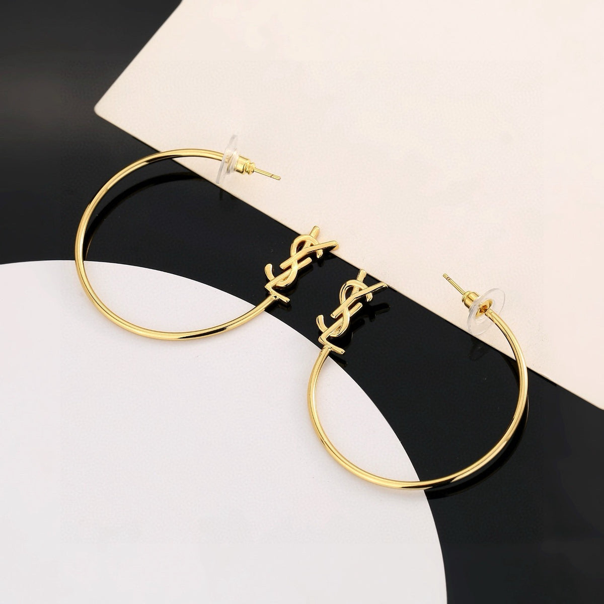 Geometric Emblem Stud Earrings in Polished Metal-Tone – Design 002 front product view