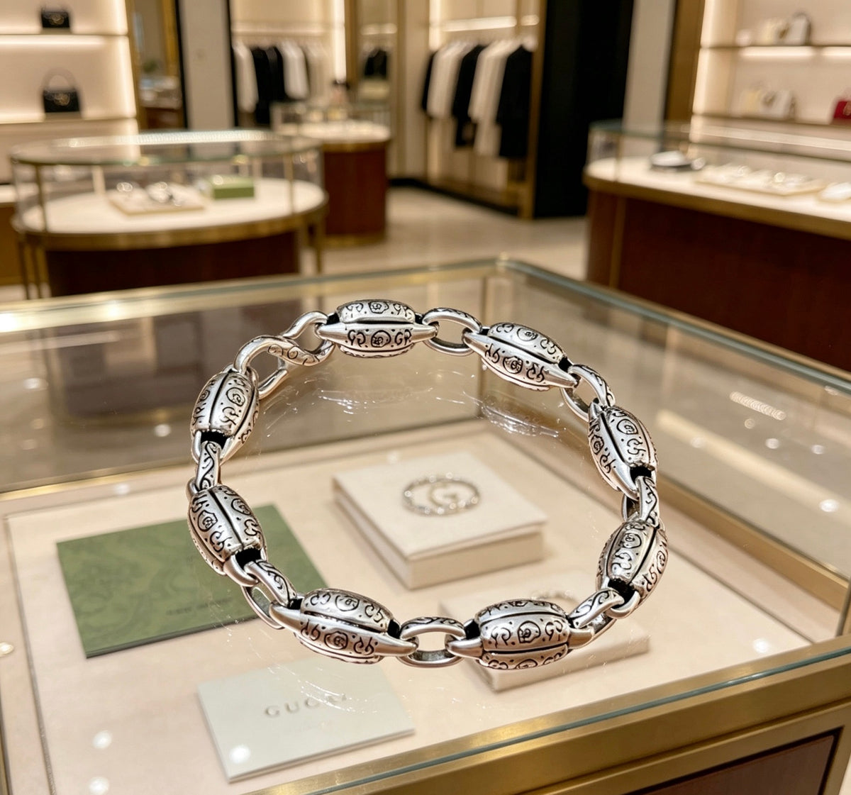 Geometric Emblem Bracelet in Polished Metal-Tone – Design 079 detail view
