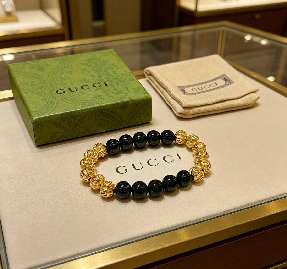 Double-G Emblem Beaded Bracelet in Polished Metal-Tone – Agate Detail – Design 016 main product view