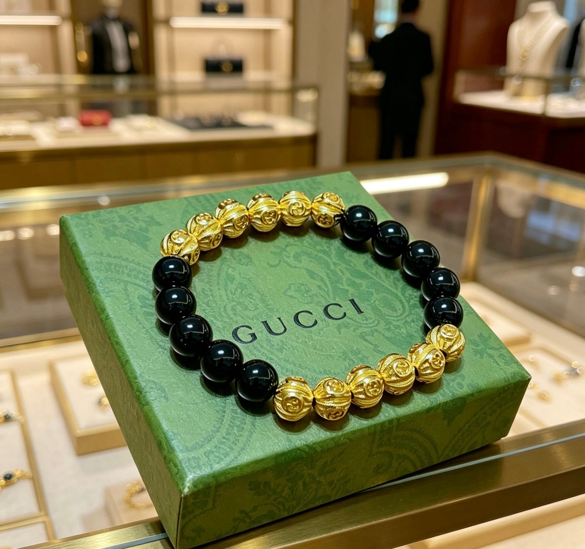 Double-G Emblem Beaded Bracelet in Polished Metal-Tone – Agate Detail – Design 016 front product view