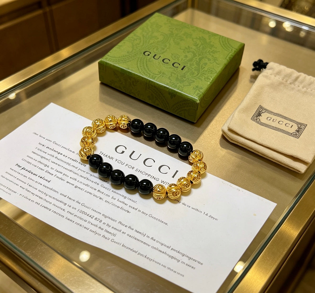 Double-G Emblem Beaded Bracelet in Polished Metal-Tone – Agate Detail – Design 016 styled product view
