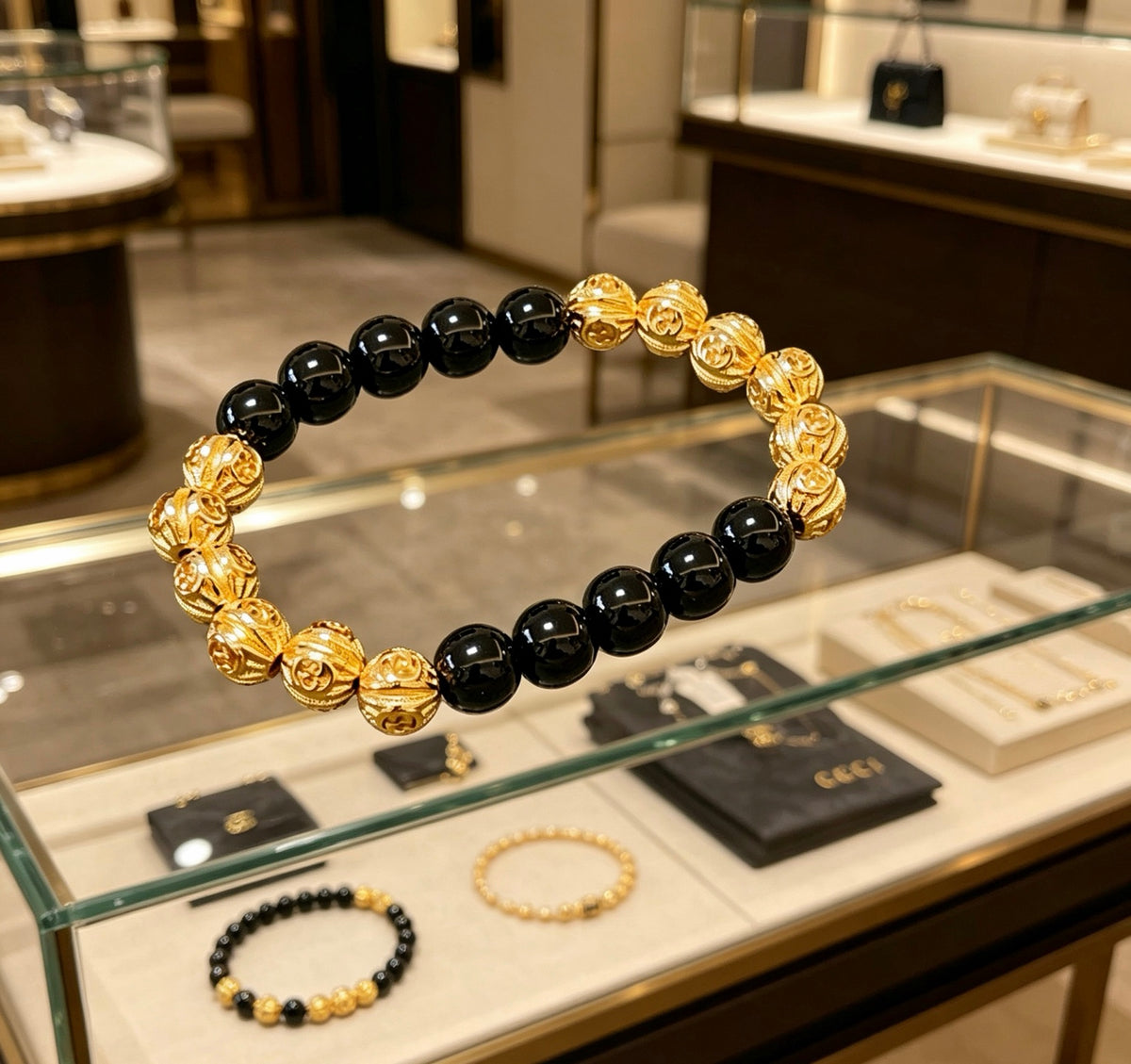 Double-G Emblem Beaded Bracelet in Polished Metal-Tone – Agate Detail – Design 016 detail view