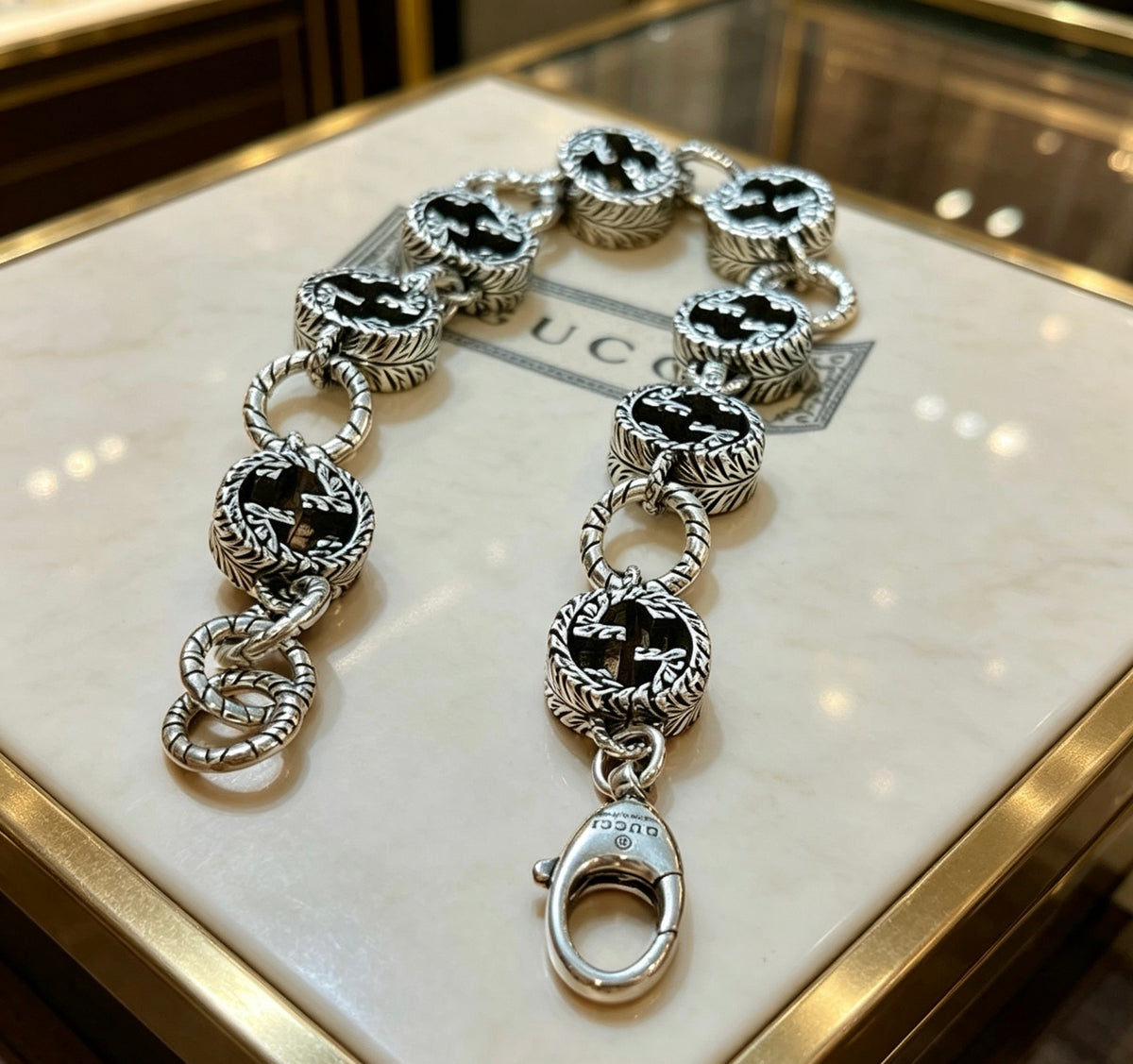 Geometric Emblem Bracelet in Polished Metal-Tone – Design 078 front product view