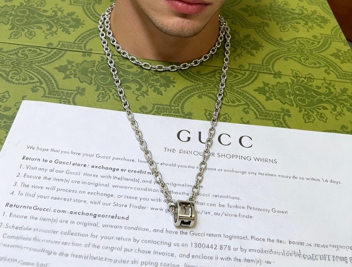 Double-G Emblem Pendant Necklace in Polished Metal-Tone – Vintage Detail – Design 079 styled product view