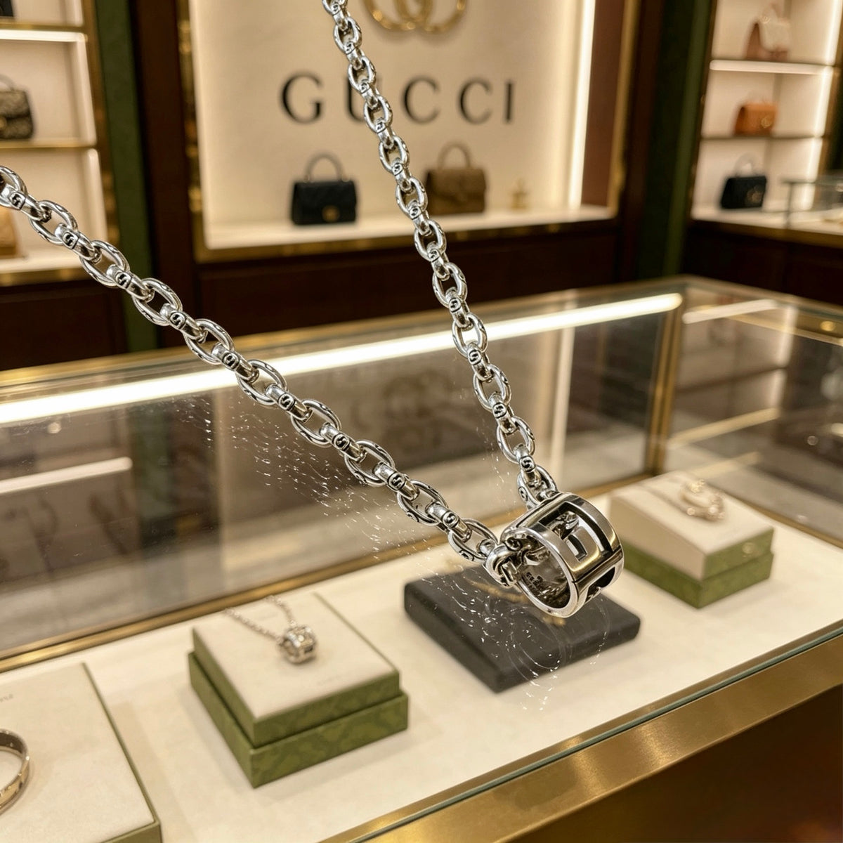 Double-G Emblem Pendant Necklace in Polished Metal-Tone – Vintage Detail – Design 079 main product view