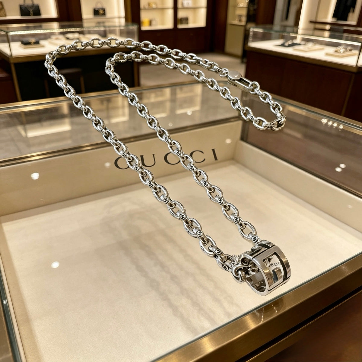 Double-G Emblem Pendant Necklace in Polished Metal-Tone – Vintage Detail – Design 079 front product view