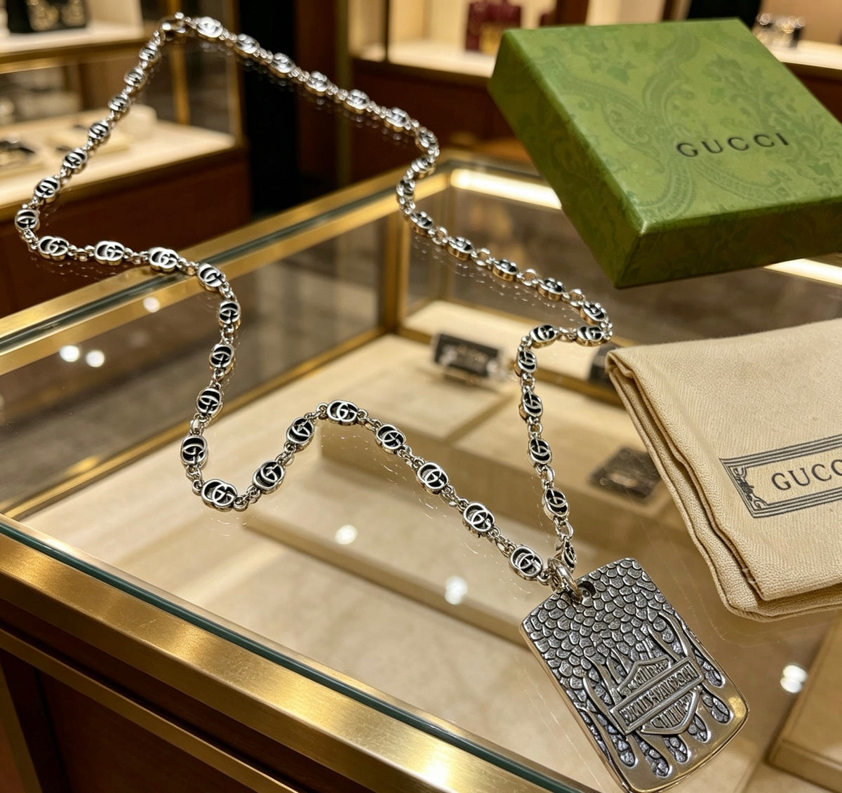 Double-G Emblem Pendant Necklace in Polished Metal-Tone – Design 154 front product view