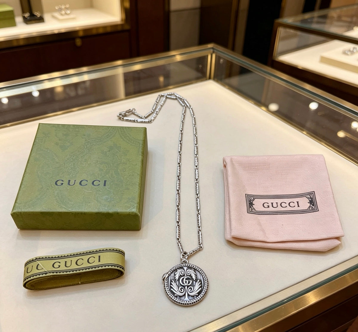 Double-G Emblem Pendant Necklace in Polished Metal-Tone – Design 153 main product view