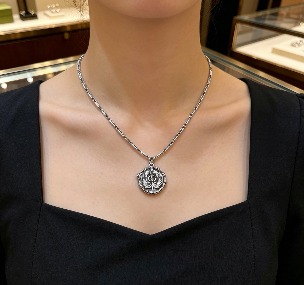 Double-G Emblem Pendant Necklace in Polished Metal-Tone – Design 153 detail view