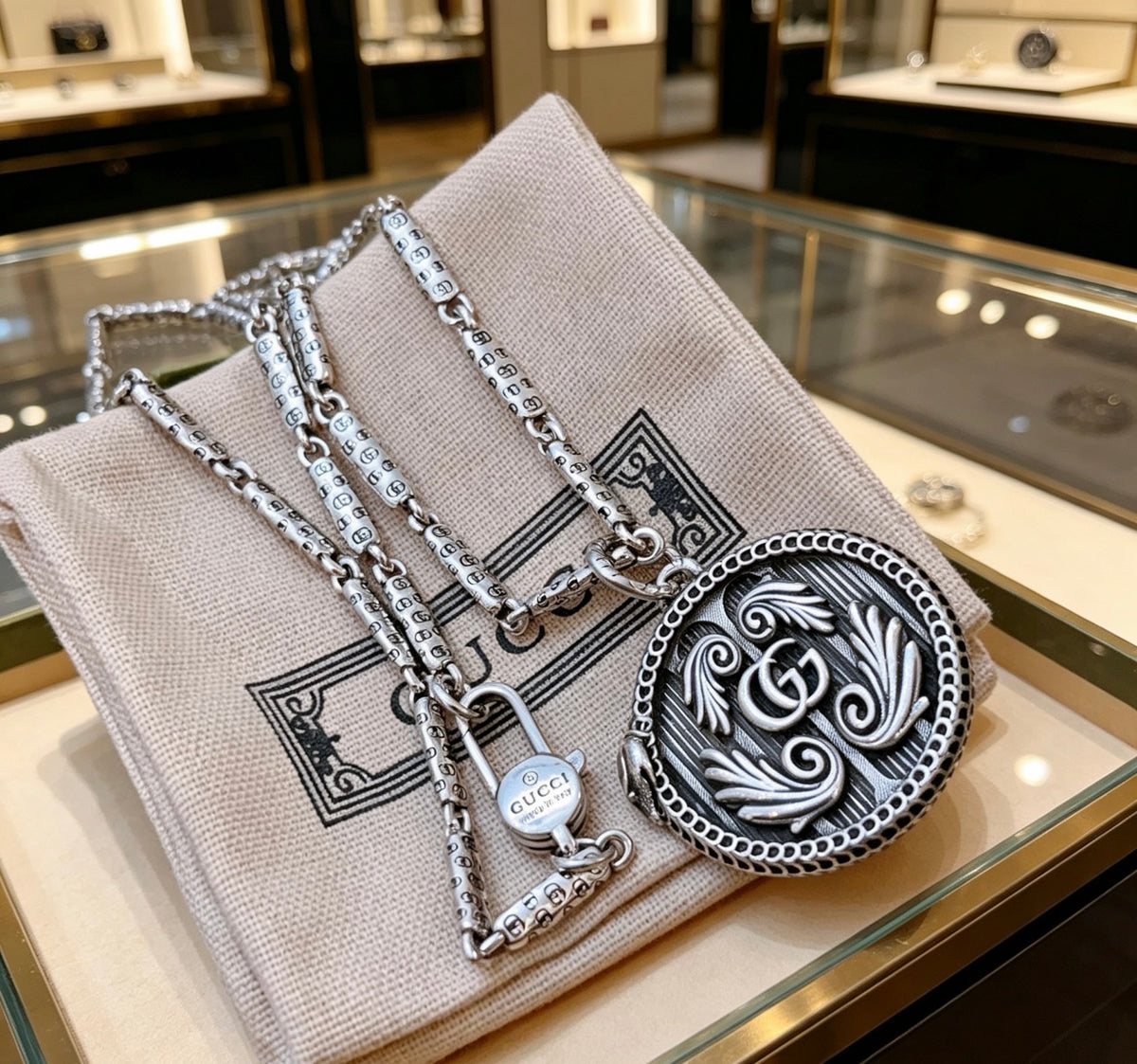 Double-G Emblem Pendant Necklace in Polished Metal-Tone – Design 153 front product view