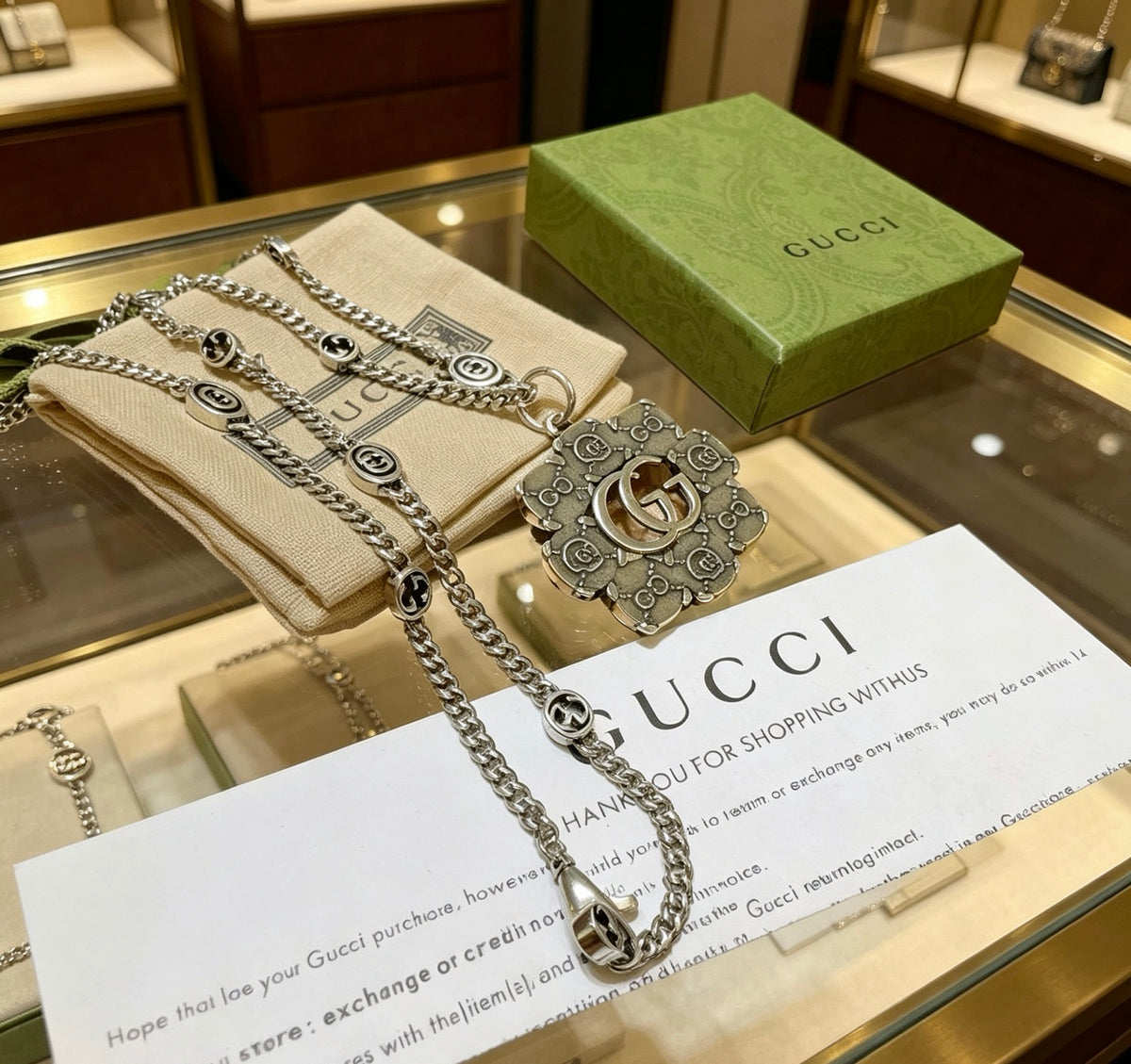 Double-G Emblem Pendant Necklace in Silver-Tone – Vintage Detail – Design 044 front product view