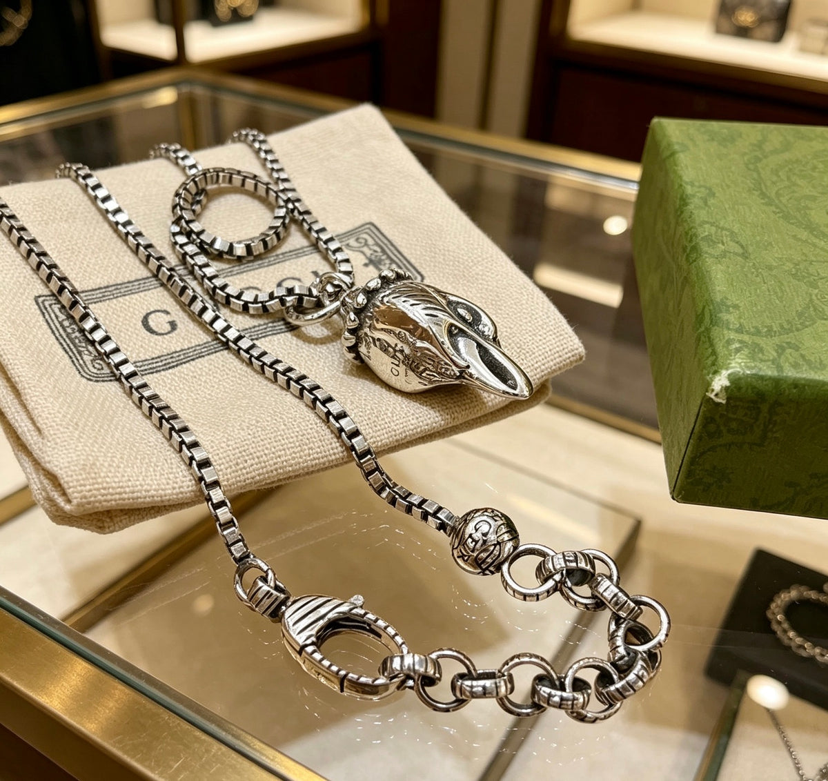 Double-G Emblem Pendant Necklace in Silver-Tone – Vintage Detail – Design 043 styled product view