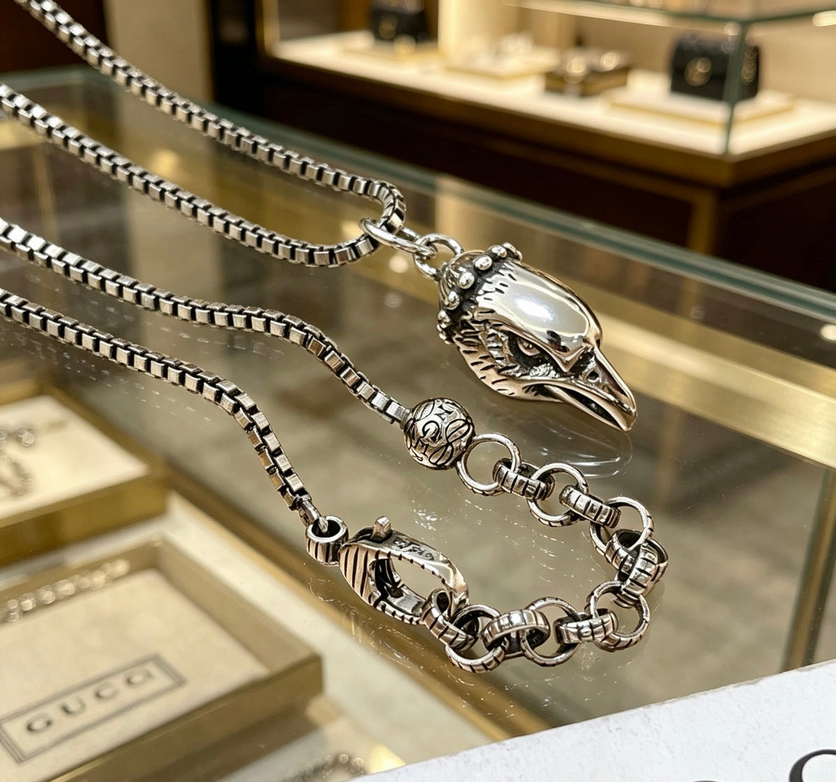 Double-G Emblem Pendant Necklace in Silver-Tone – Vintage Detail – Design 043 front product view