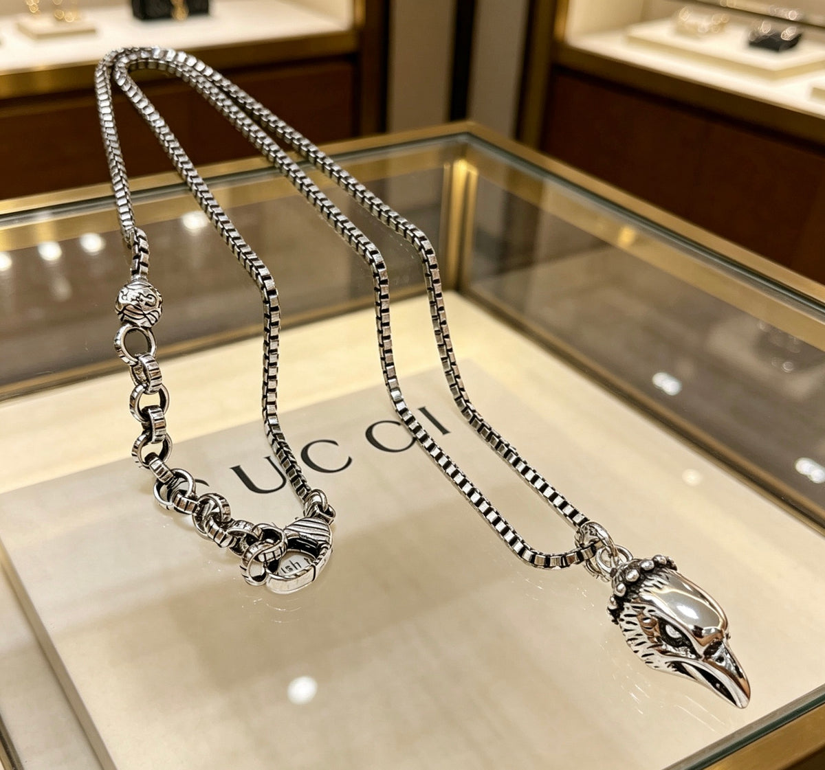 Double-G Emblem Pendant Necklace in Silver-Tone – Vintage Detail – Design 043 front product view