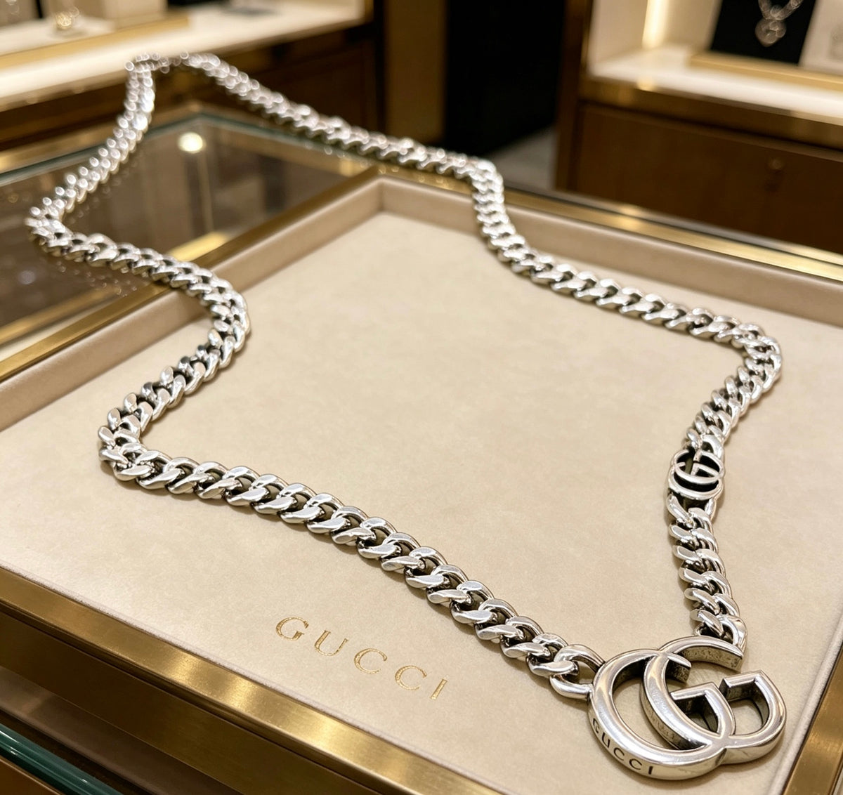 Double-G Emblem Pendant Necklace in Polished Metal-Tone – Vintage Detail – Design 041 main product view