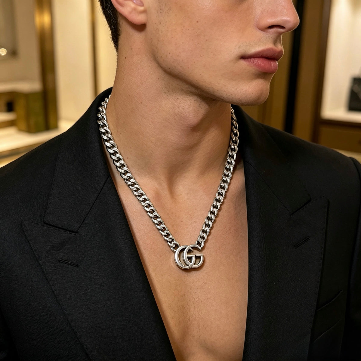 Double-G Emblem Pendant Necklace in Polished Metal-Tone – Vintage Detail – Design 041 front product view