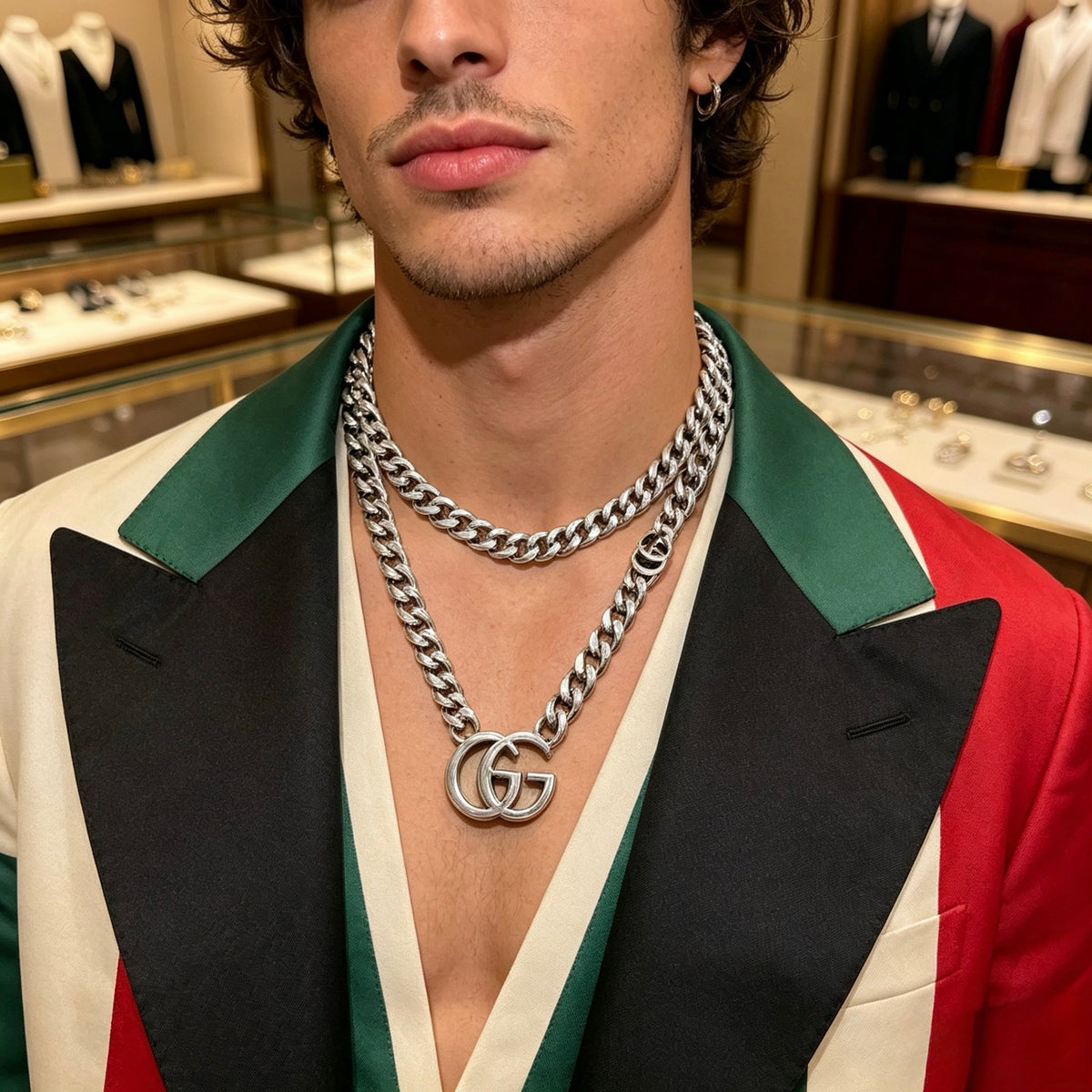 Double-G Emblem Pendant Necklace in Polished Metal-Tone – Vintage Detail – Design 041 styled product view