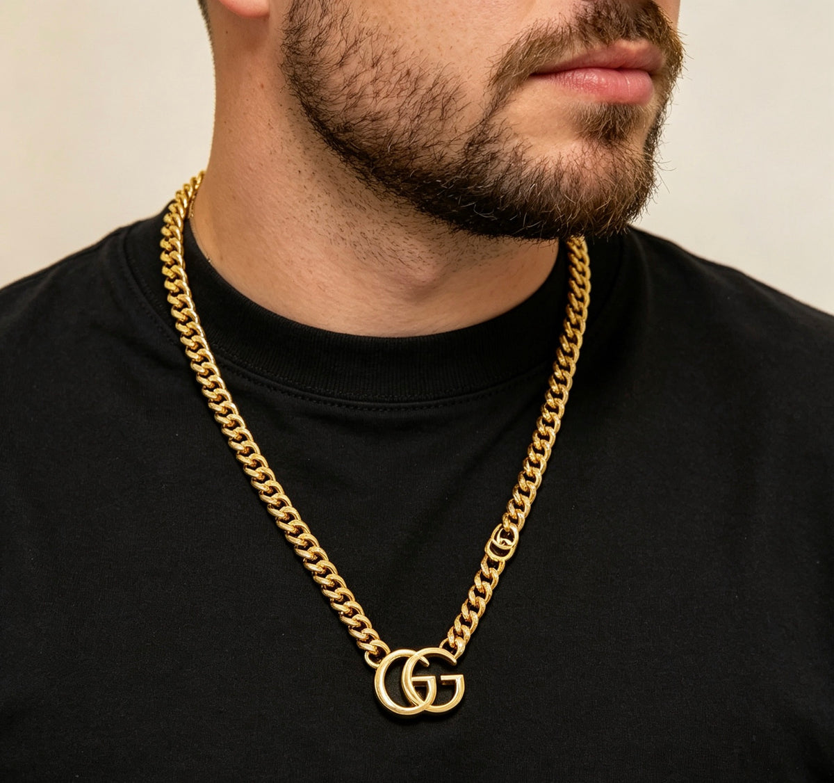 Double-G Emblem Pendant Necklace in Polished Metal-Tone – Vintage Detail – Design 040 front product view