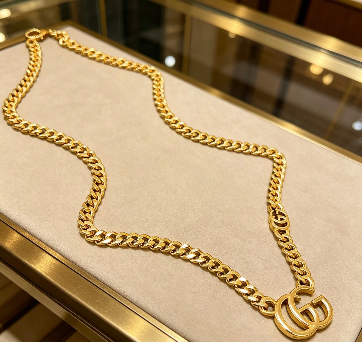 Double-G Emblem Pendant Necklace in Polished Metal-Tone – Vintage Detail – Design 040 main product view