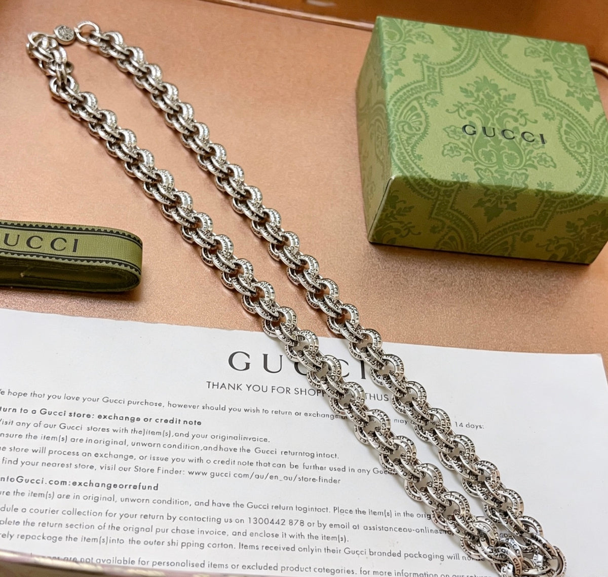 Double-G Emblem Pendant Necklace in Polished Metal-Tone – Design 149 close-up detail