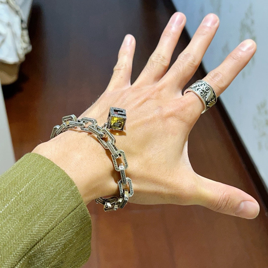Geometric Emblem Bracelet in Polished Metal-Tone – Design 077 detail view