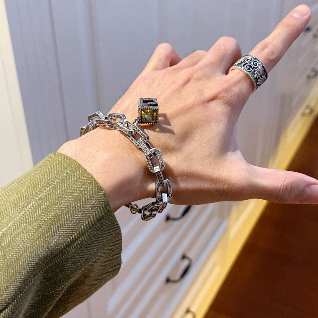 Geometric Emblem Bracelet in Polished Metal-Tone – Design 077 detail view