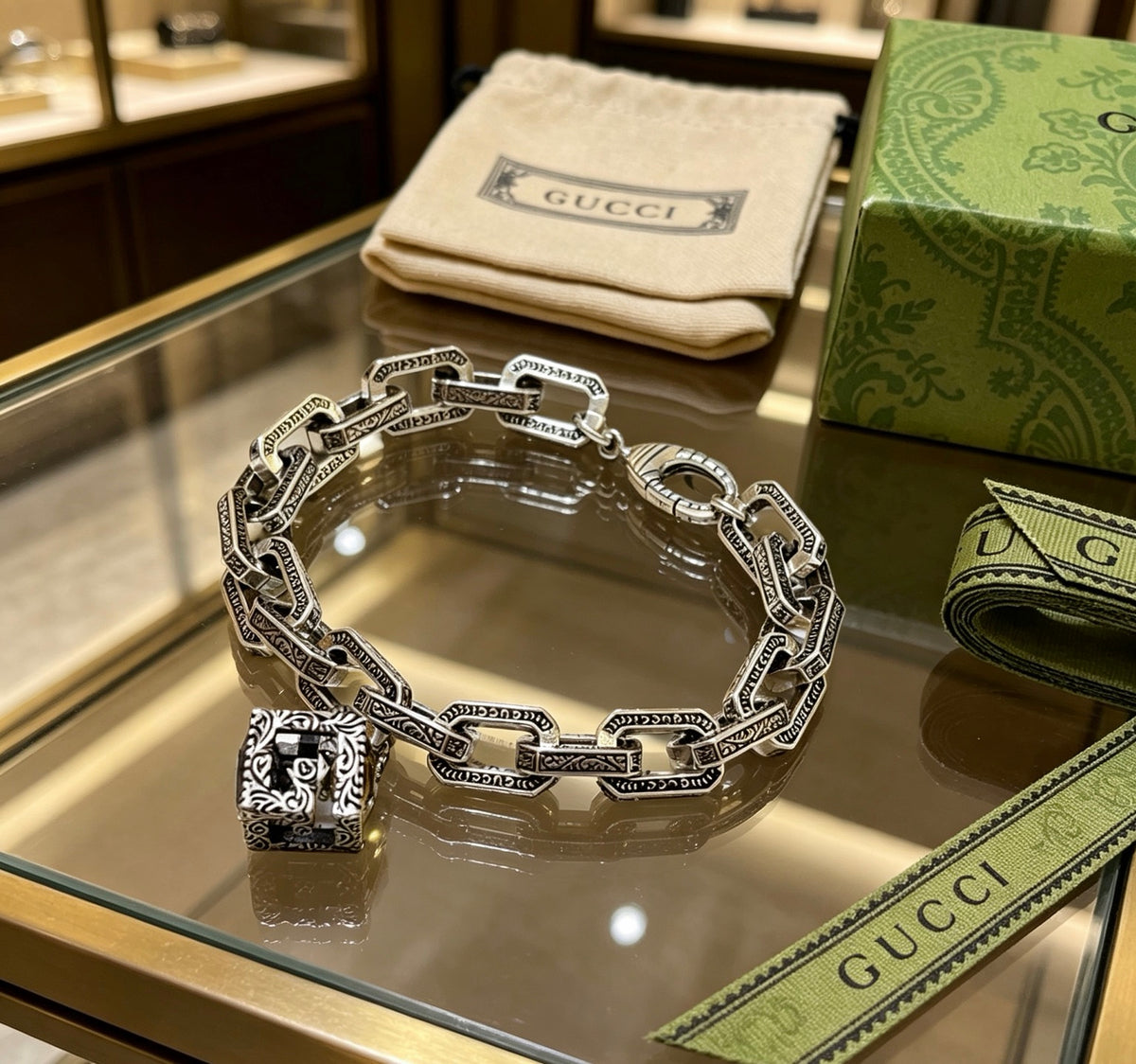 Geometric Emblem Bracelet in Polished Metal-Tone – Design 077 side detail